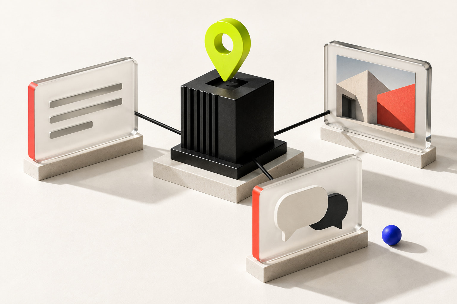 A sculptural local business surrounded by cards representing service information, project examples and customer conversations.