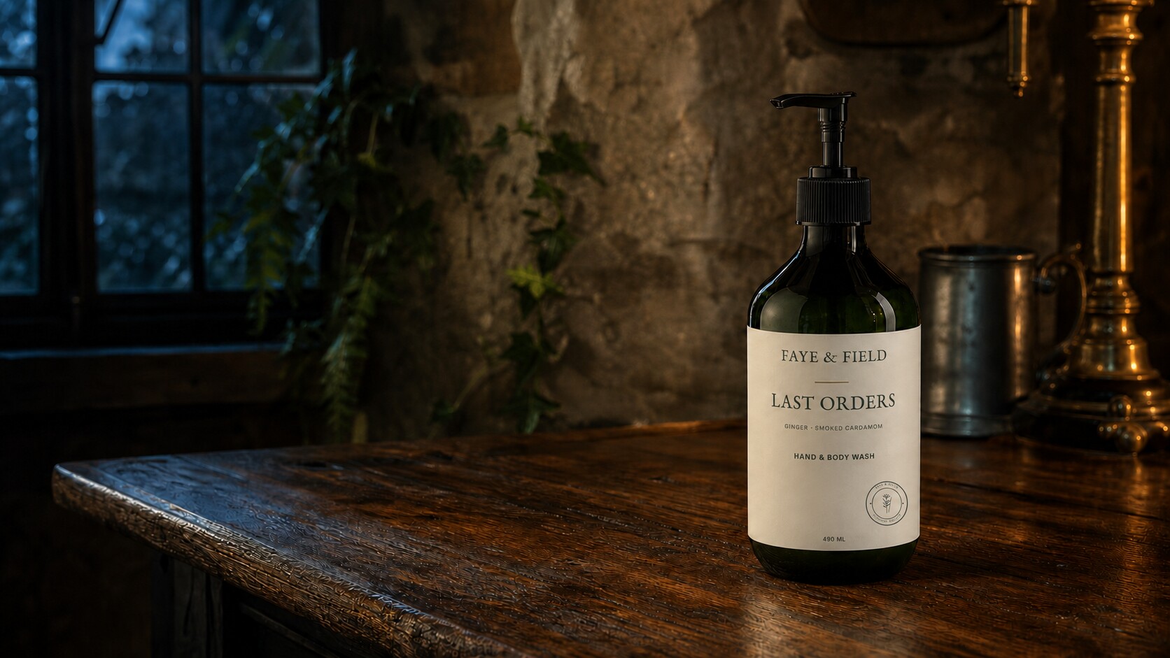 Faye & Field Last Orders hand and body wash in a countryside pub setting
