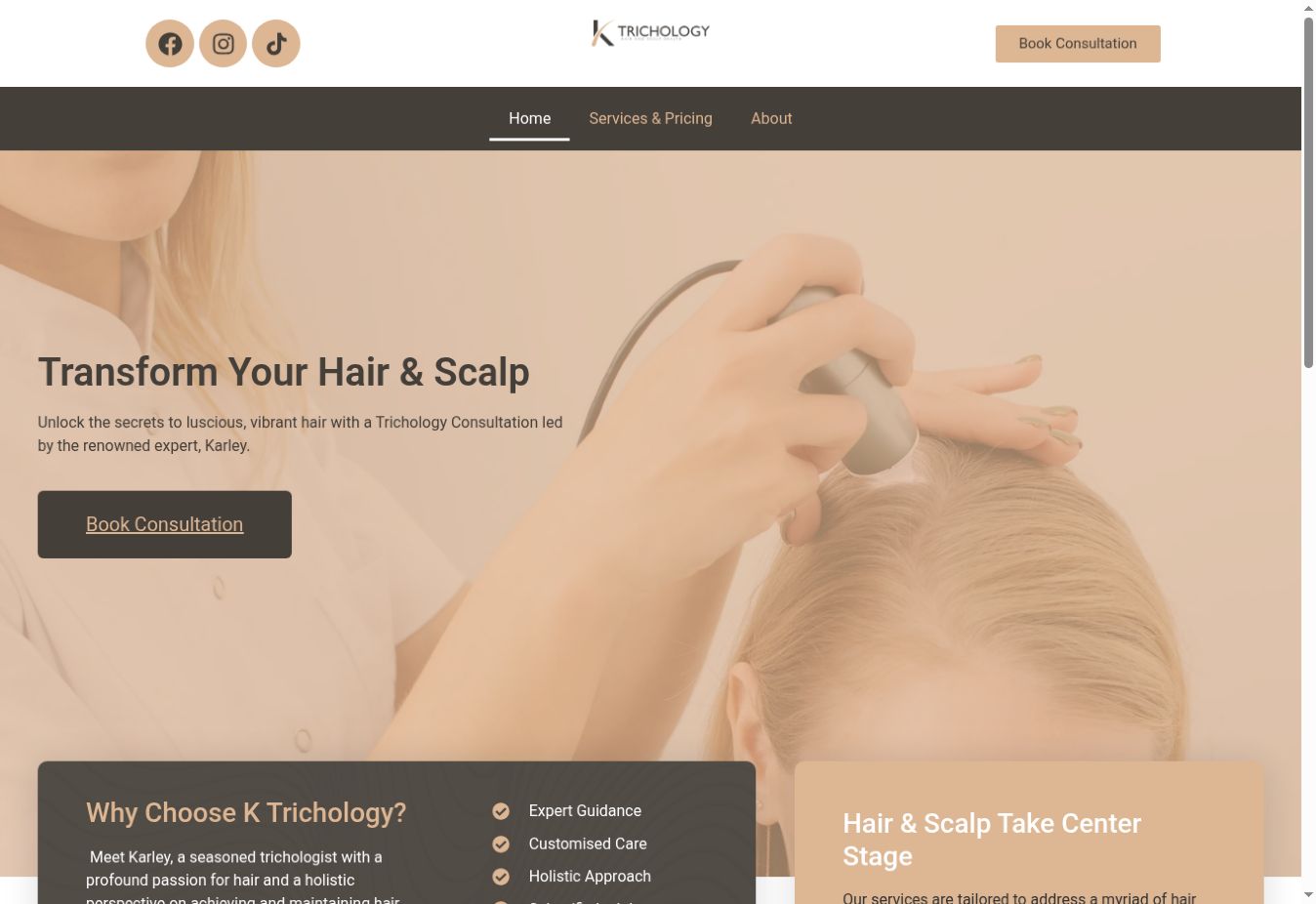 K Trichology website and hair and scalp consultation imagery