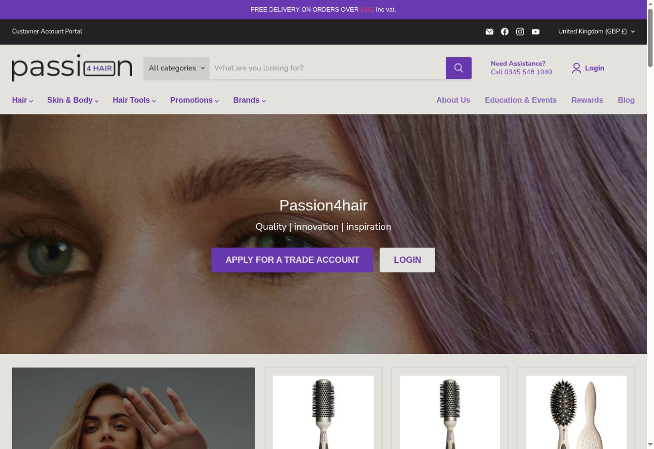 Passion4Hair professional haircare website and brand imagery
